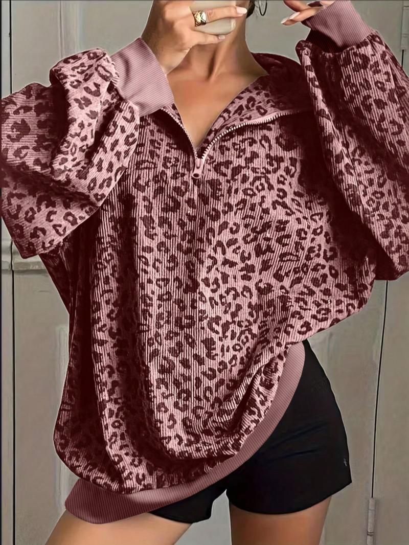 Plus Women Leopard Print Long Sleeve Casual Sweatshirt – Half-Zip V-Neck & Puff Sleeves Design, Perfect for Y2K Grunge or Casual Lazy Vibes, Soft Knit Fabric with Contrast Trim