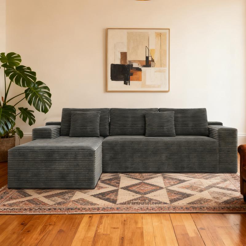 104" sofa living room Black Plush Corduroy Cloud VelvetModular Couches with Chaise, NoAssembly Required -L-ShapedSectional Sofa Set with FlexibleConfiguration boneless sectional furniture