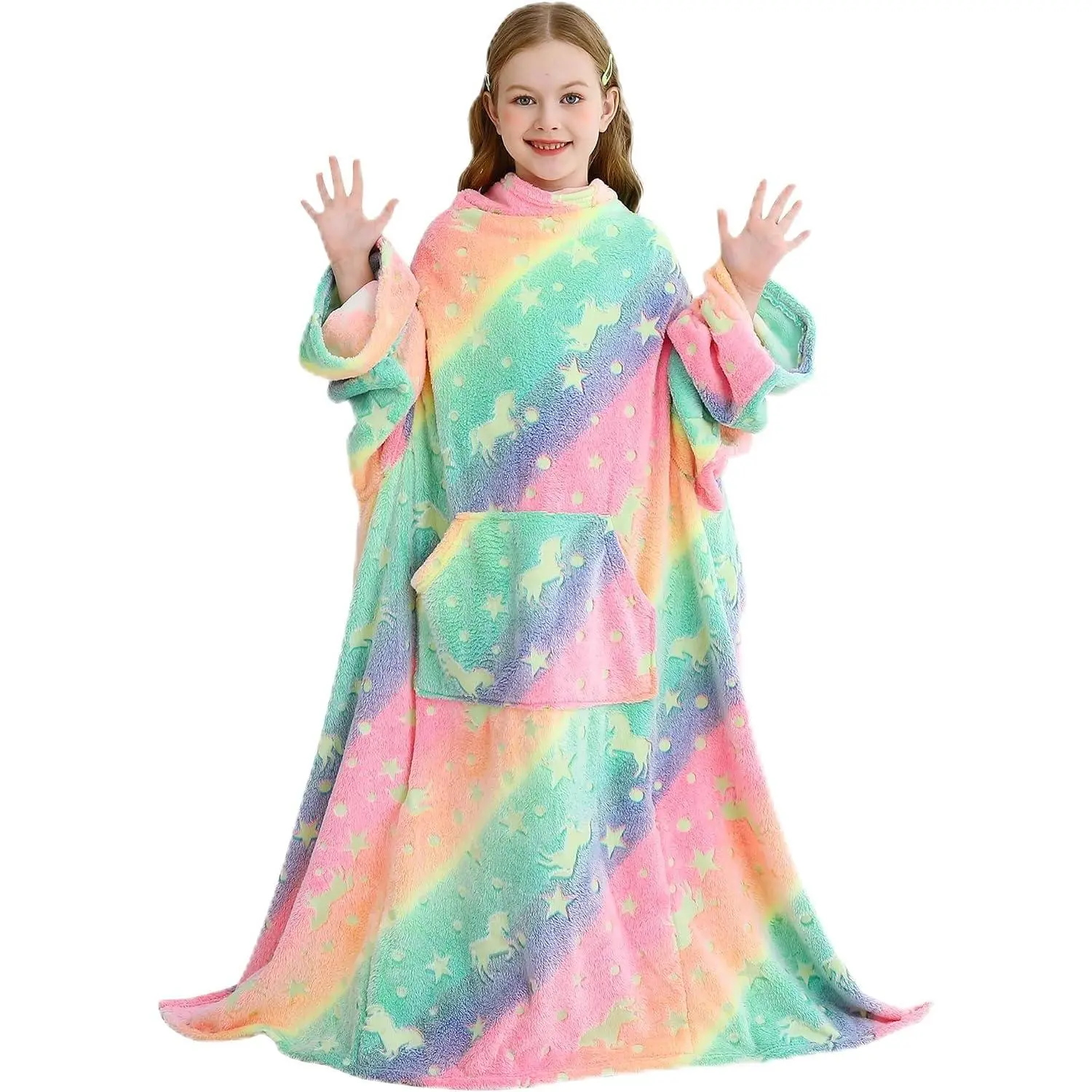 Wearable Fleece Blanket Hoodie, Blanket Hoodie for Kids with Sleeves & Foot, 47" X 47" Lightweight Soft Like Flannel, Glow Colorful Unicorn Pattern