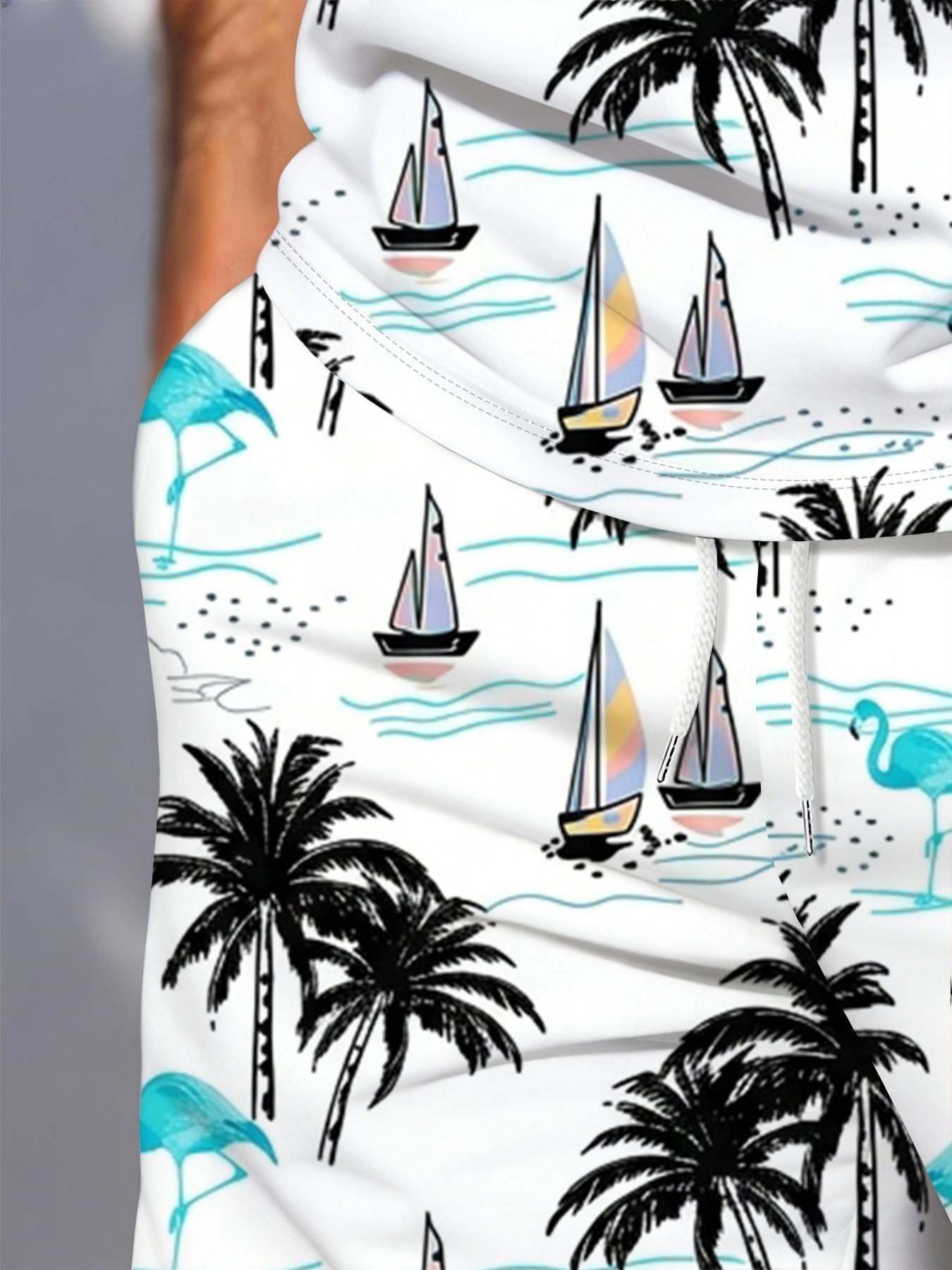 Summer New Men's Polo Shirt Set, Flamingo Palm Tree Sailboat Print, Short Sleeve Shorts Two-Piece Set, Hawaiian Vacation Style