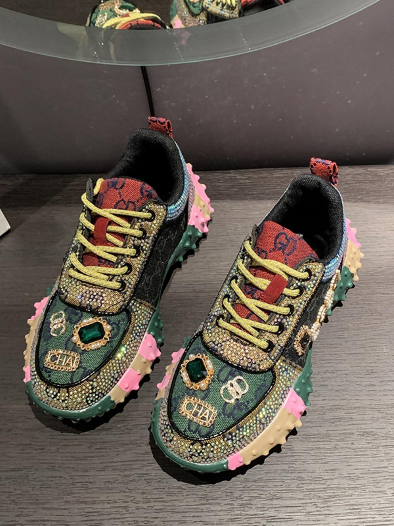 Women's Thick Sole Height Increasing Dad Shoes, Handmade Embellished Fashion Luxury Casual Women's Shoes, Unique Design Comfortable Sneakers