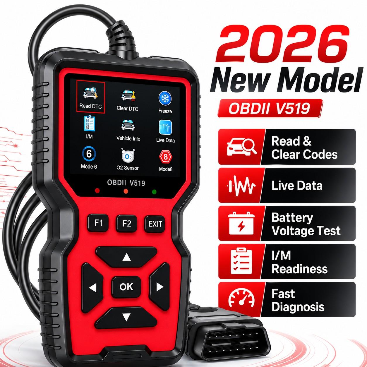 V519 Obd2 Scanner Diagnostic Tool, Engine Fault Code Reader, Live Data Stream, O2 Sensor Test, Battery Voltage Test for 12V Vehicles