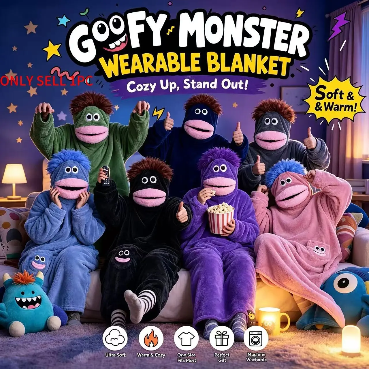 Wearable Big Mouth Monster Hoodie Blanket for Men and Women, Super Soft and Warm Loungewear, Fun Halloween Costume, Casual Animal Pattern Home Wear