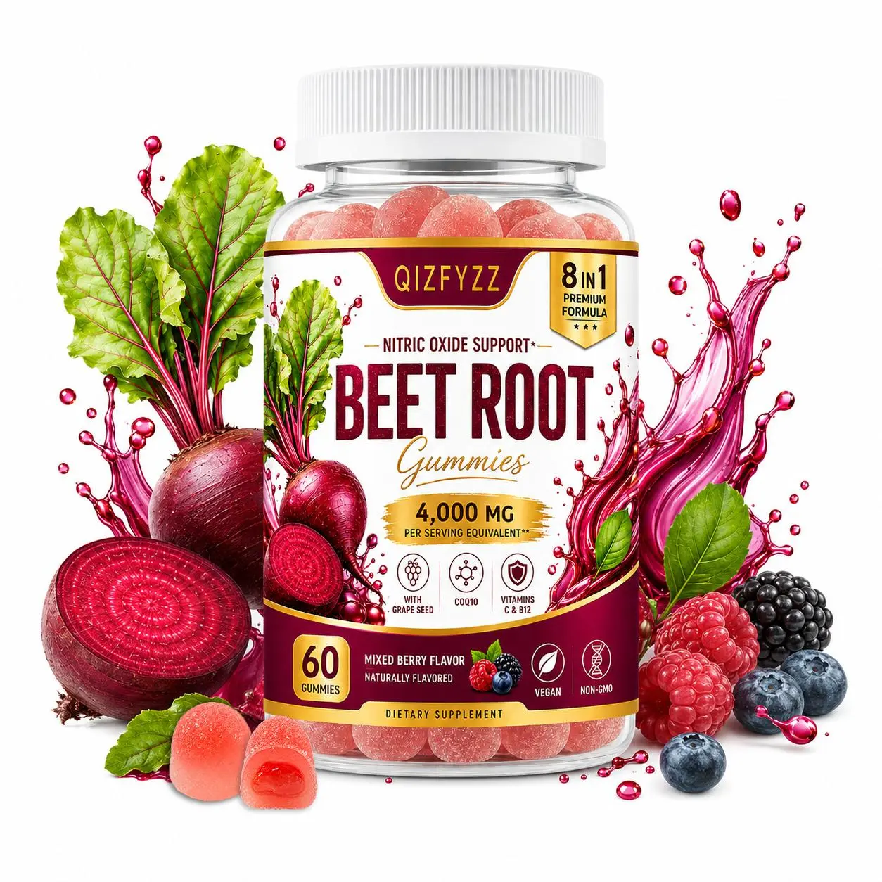 Beet Root Gummies – Nitric Oxide & Circulation Support Supplement with CoQ10, L-Arginine, Vitamin C & B12 – Daily Wellness Gummies for Men & Women