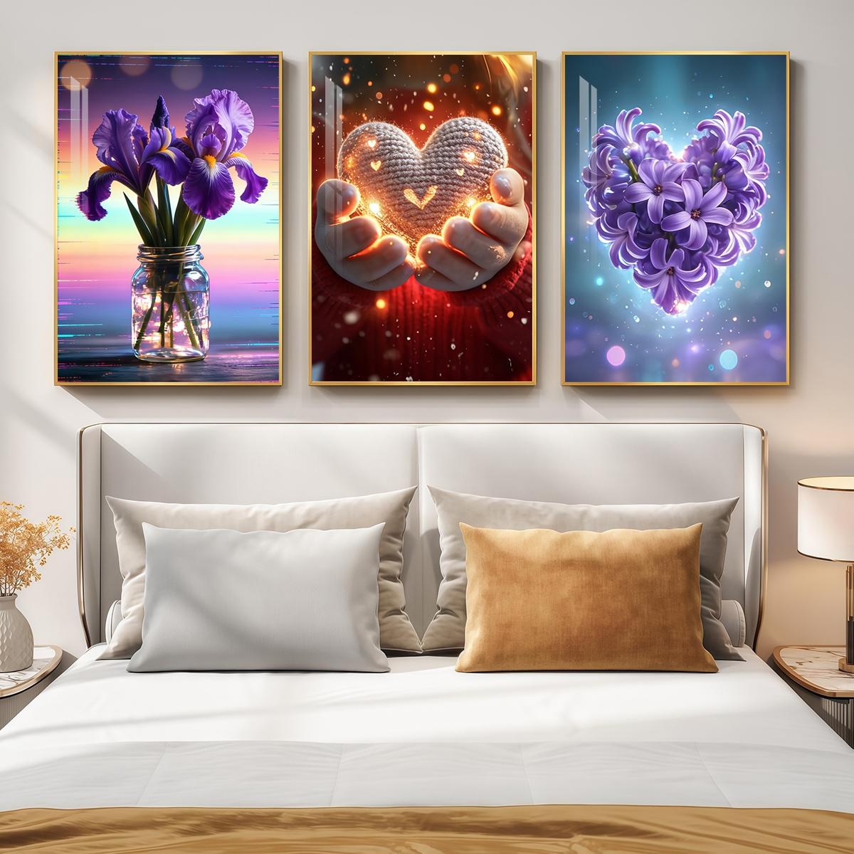 3 Counts Aluminum Alloy Framed Painting, Purple Irises And Glowing Heart Flower Art Pictures, Home Decoration For Living Room, Bedroom, Office, Restaurant, Hallway Wall Decor, Odorless Print Artwork, Luxury Perfect Gift For Friends And Family