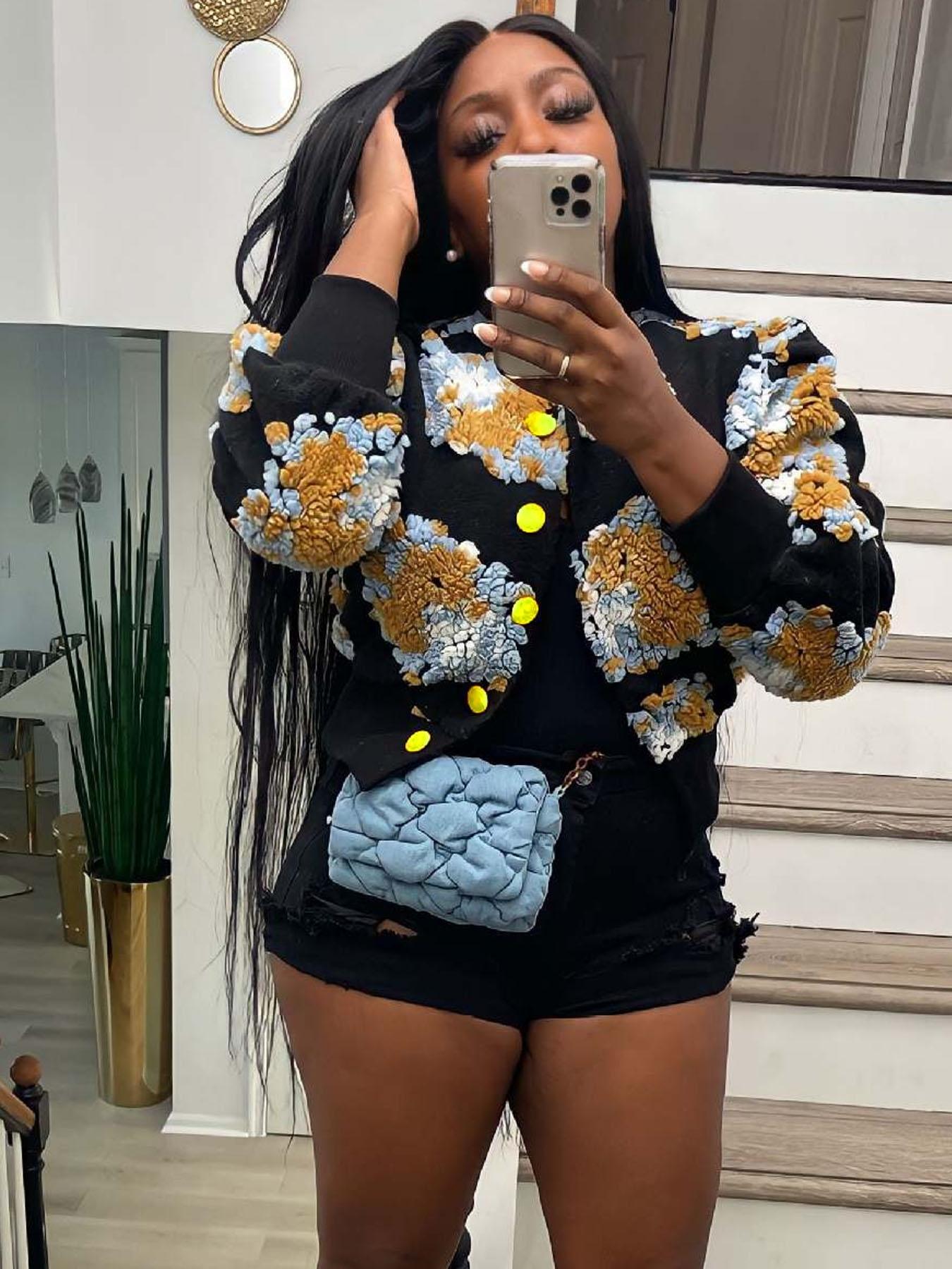 【Plus Size】1 Piece Women's Floral Jacquard Button Front Jacket, CasualLong Sleeve Round Neck Outerwear for Daily Wear,Ladies Clothes for Al Seasons,80s Fashion, Jacketsfor Women,Womenswear,Adjustable Everyday, Coats