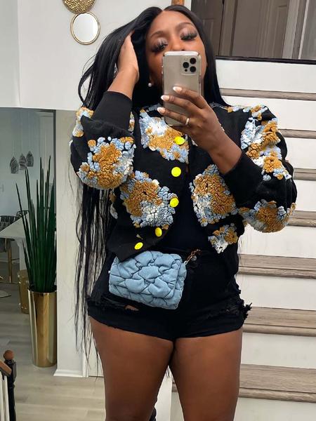 【Plus Size】1 Piece Women's Floral Jacquard Button Front Jacket, CasualLong Sleeve Round Neck Outerwear for Daily Wear,Ladies Clothes for Al Seasons,80s Fashion, Jacketsfor Women,Womenswear,Adjustable Everyday, Coats