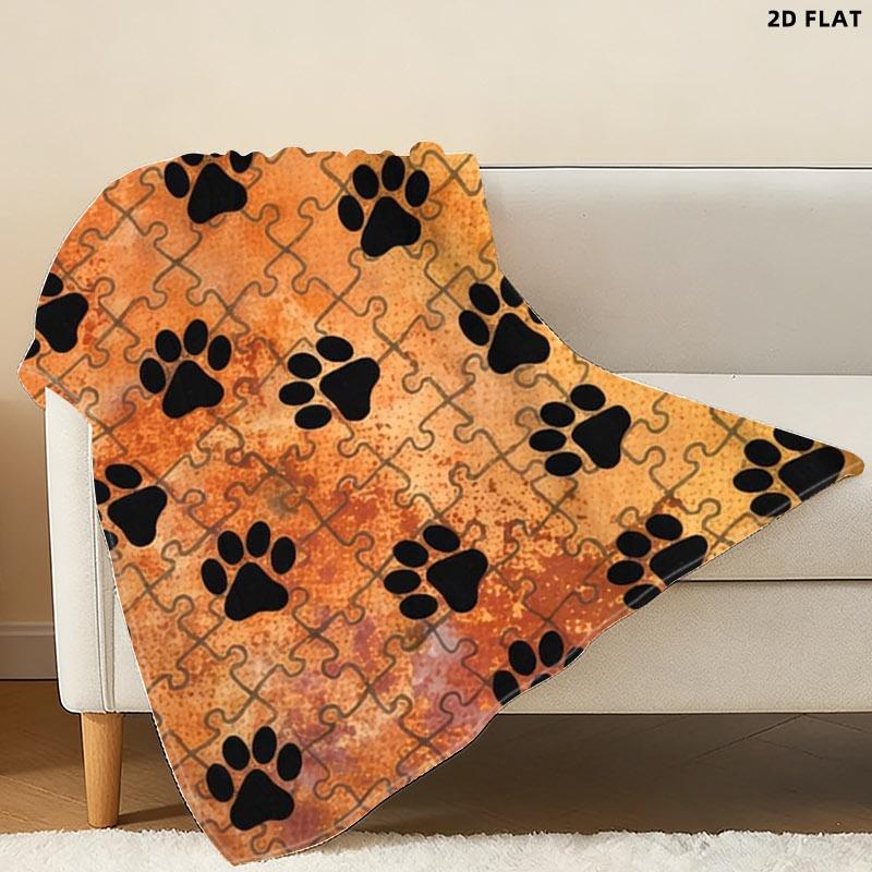 Paw Print Puzzle - Style Throw Blanket, Single - Sided Printed, Multiple Specifications Available, Warm Earthy Gradient Background, Playful Design for Pet Lovers, Ideal for Napping & Home Decor