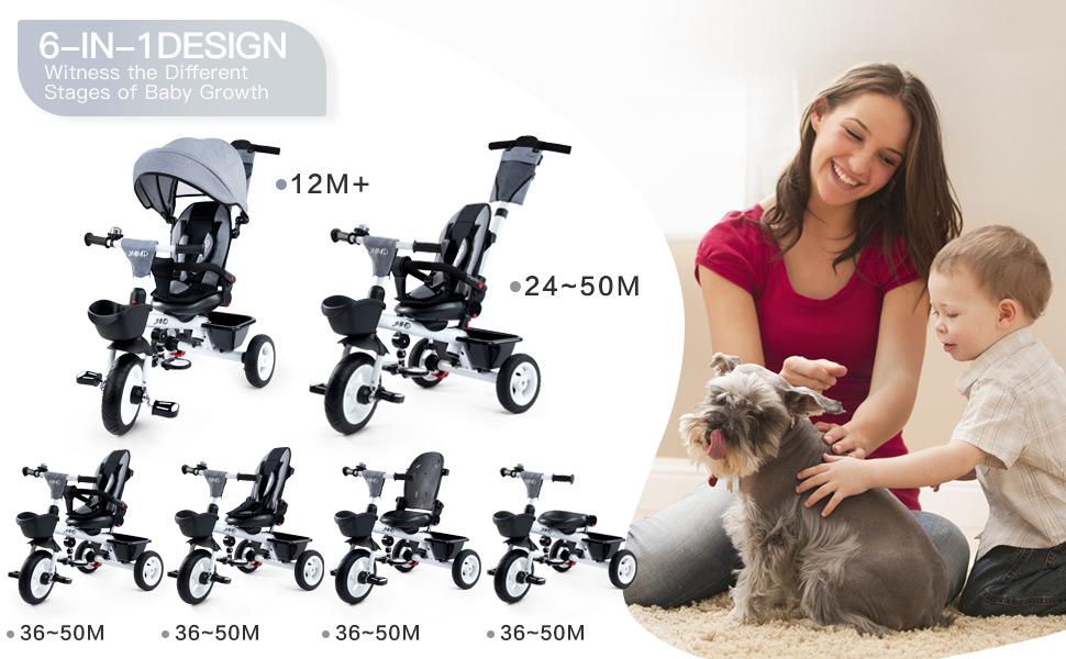 JMMD Baby Trike, 6-in-1 Kids Tricycle with Adjustable Push Handle, Removable Canopy, Safety Harness for 18 Months - 5 Year Old, Gray
