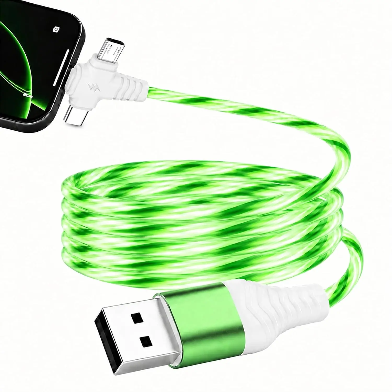 3-in-1 Flowing LED Electronic Charger Cable, Glowing Fast Charging Multi-Plug Cord for Cellphones, Mobile Data Transfer Support, Car-Compatible for Daily Commute & Travel
