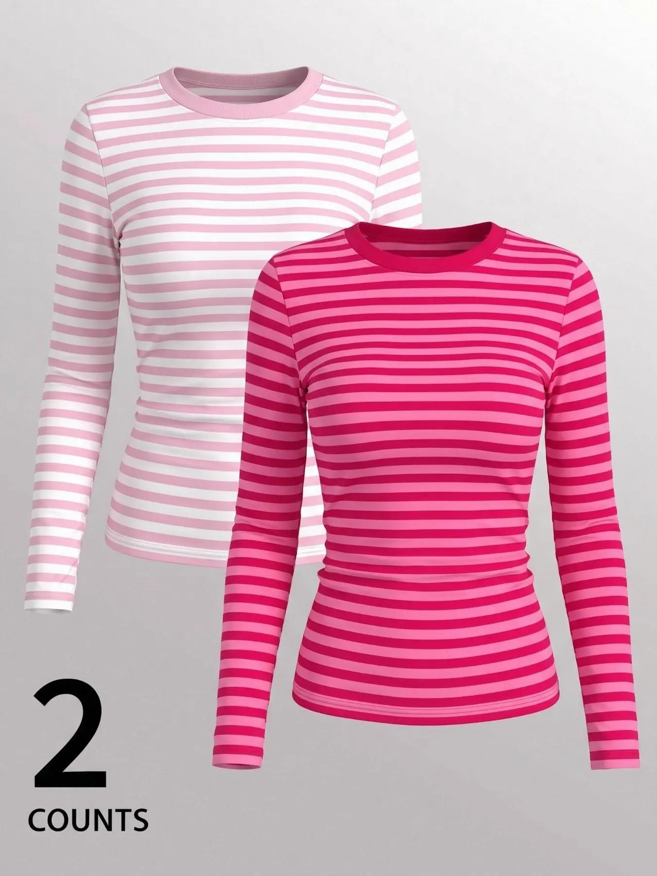 Women 2-Pack Striped Long Sleeve Tops, Round Neck Slim Fit Form Fitting Shirts, Pink Horizontal Stripe Design, Stretch Casual Basic Layering Tees, Trendy Y2K Daily Inner Wear for Ladies, Everyday