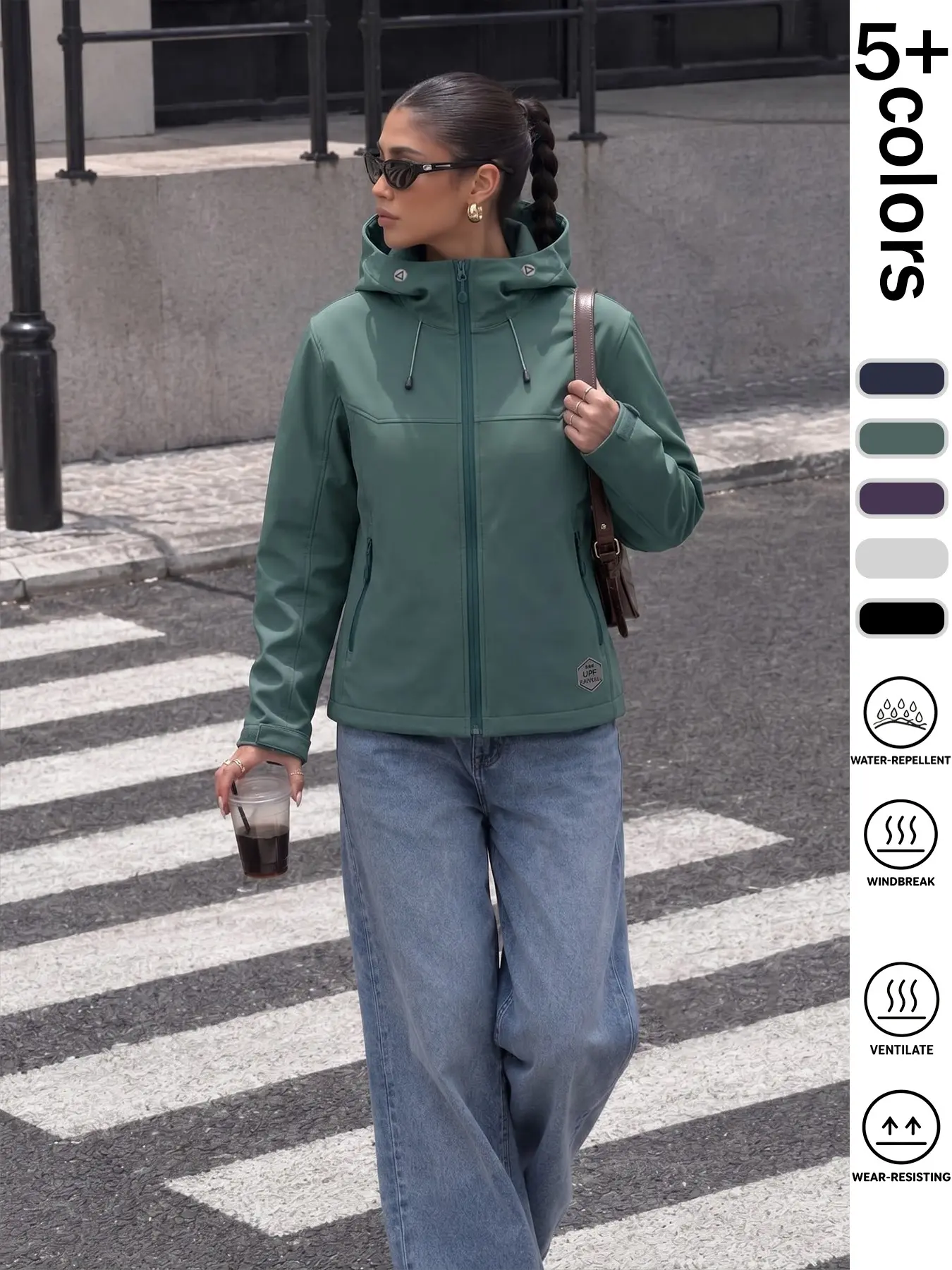 Women's Sporty Waterproof Jacket, Full Seal Hard Shell, Windproof Sunscreen Fabric, Adjustable Hood, Ideal for Hiking Camping Skiing