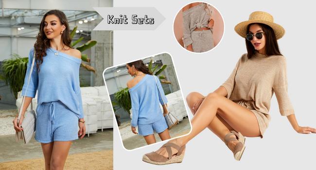 Imily bela Women's 2 Piece Outfits Sweater Sets Off Shoulder Knit Top Shorts Matching Suits Cute Pajama Lounge Set