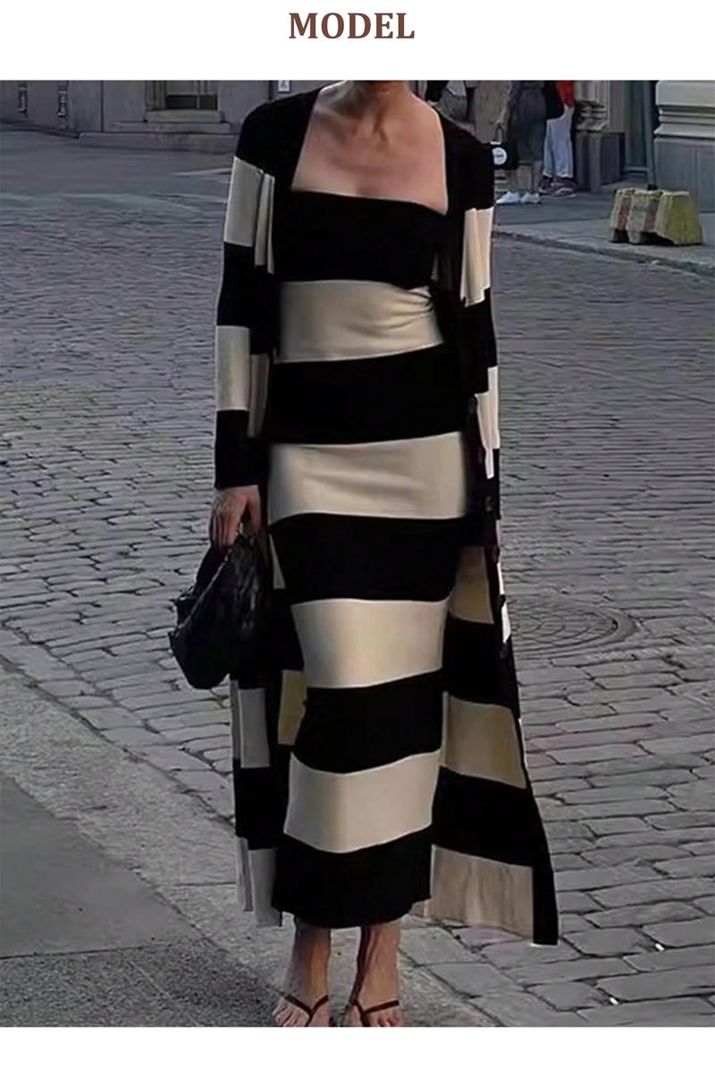 Women's Striped Print Button Front Longline Cardigan & Tube Dress Two-piece Set, Casual Long Sleeve Outerwear & Strapless Long Dress for Daily Wear, Casual Chic Dress, Ladies Two-piece Outfits for All Seasons