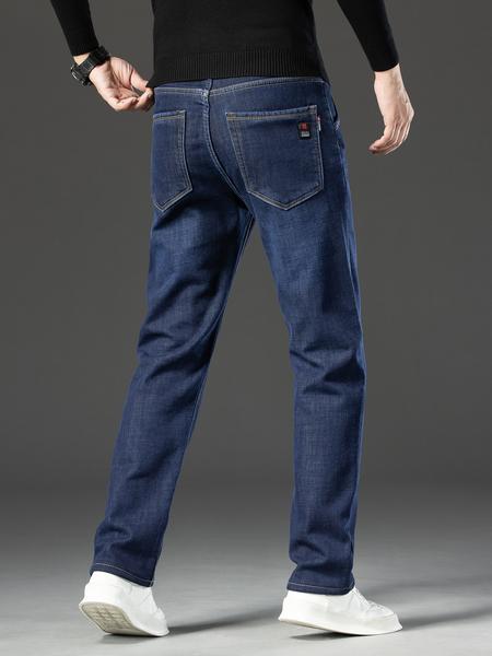 Men's Thickened Winter Fleece Jeans, Loose Straight Leg High Waist Casual Elastic Pants, Warm Long Denim Trousers for Fall & Winter