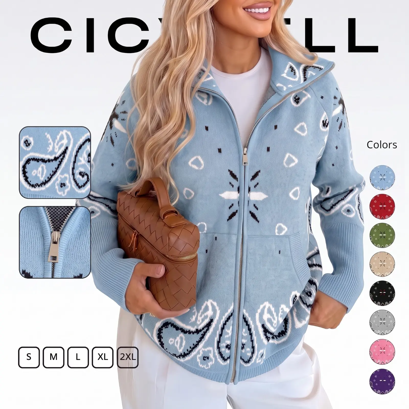 Cicy Bell Women Zip Up Cardigan Sweater Stand Collar Knit Printed Sweater