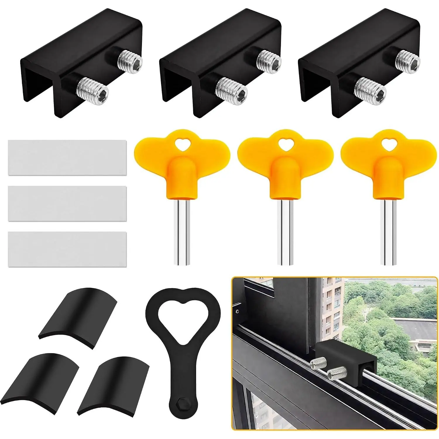 3 Pack Black Window Locks with Key, Adjustable Sliding Window Locks for Up and Down Windows & Horizontal Windows Stoppers  Sliding Glass Patio Door Lock,