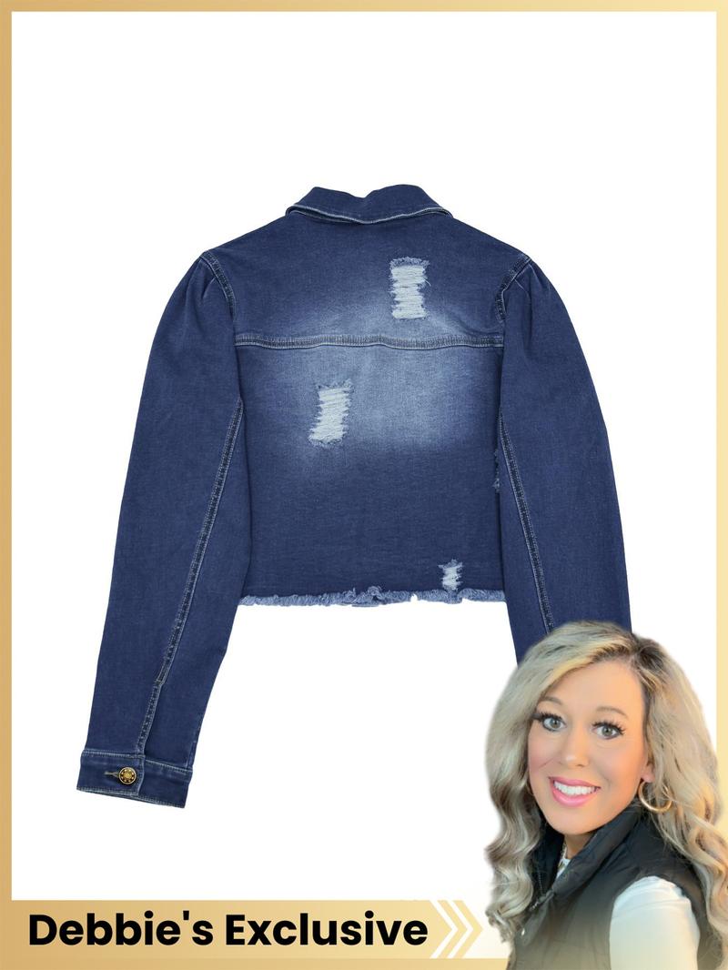 【Debbie's Exclusive】High Elasticity Denim Jacket with Fitted Design, Casual Plain Ripped Style for All Seasons, Long Sleeve Women's Outerwear