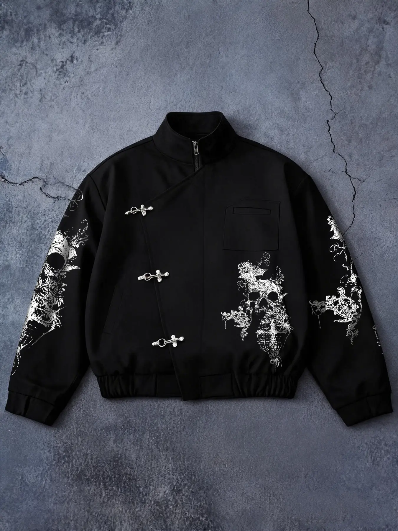 New Traditional Gothic Casual Jacket, Slant Front Metal Button Stand Collar Coat, Silver Color Skull Print Streetwear, Trendy Fashion Outerwear
