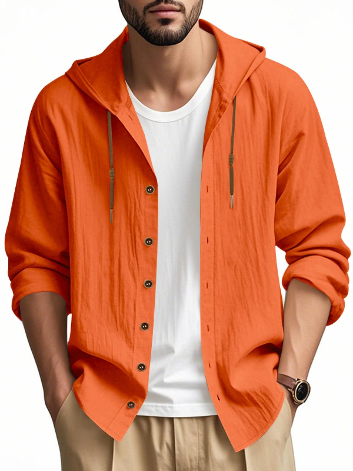 Hooded Linen Long Sleeve Shirt Jacket, Hawaiian Style Casual Loose Fit, Drawstring & Button Design, Spring & Fall Fashion, Beach Vacation Essential