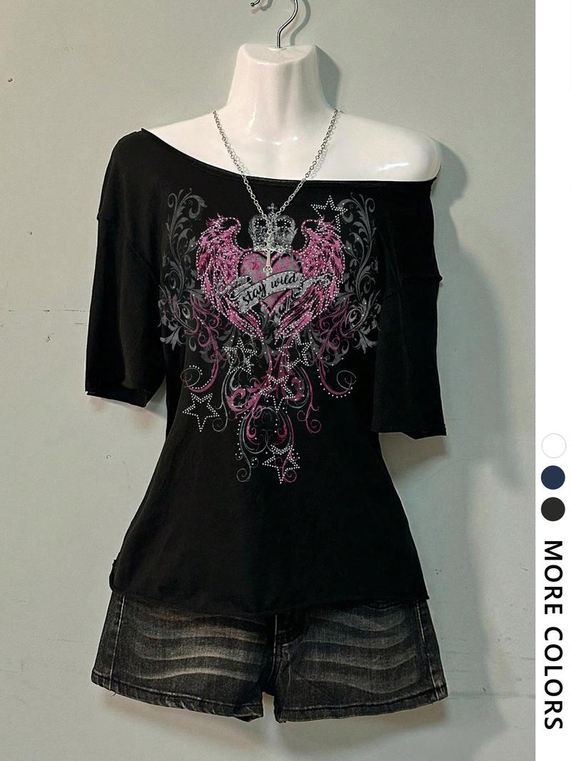 Women's Asymmetrical Neck Digital Print Summer Casual T-Shirt, Vintage Campus Style, Fashion Trend Letter Design Women's Asymmetrical Neck Digital Print Summer Casual T-Shirt, Vintage Campus Style, Fashion Trend Letter Design