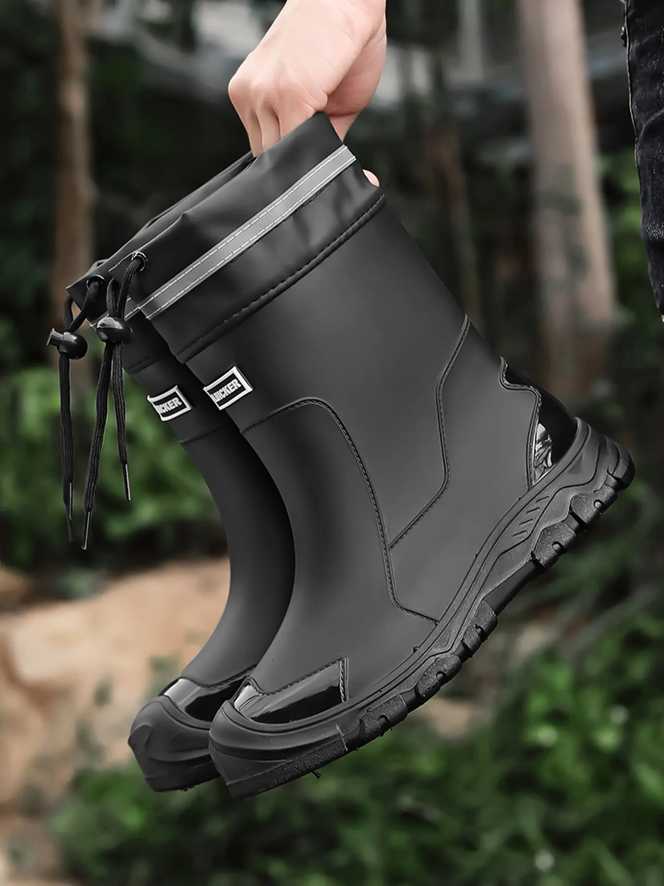 Men Waterproof Mid Tube Rain Boots Reflective Stripe Lug Rubber Sole Adjustable Drawstring Cuff for Farming Outdoor Rainy Work