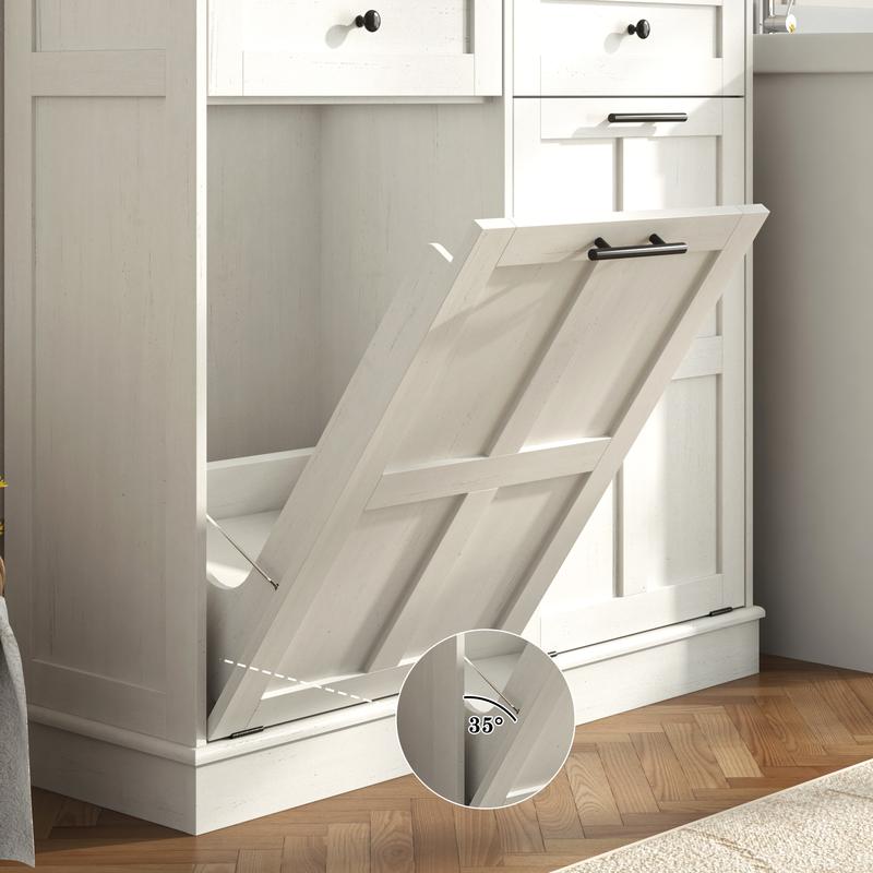 Trash Can Cabinet, 10 Gallons / 20 Gallons Farmhouse Hidden Wood Garbage Can Bin Cabinet with Drawers, Tilt Out Laundry Hamper with Laundry Storage Basket for Bathroom, Kitchen, Brown/Antique White