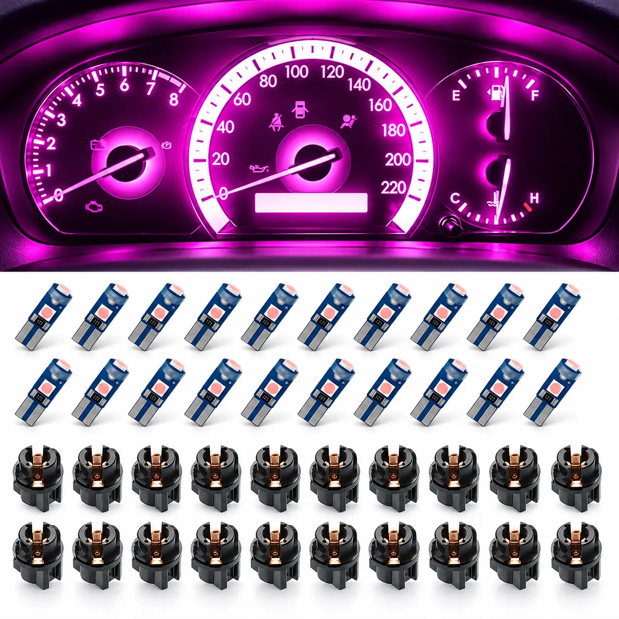 20PCS T5 LED Dashboard Light Bulbs - 3030 3-SMD Super Bright Instrument Panel Gauge Cluster Indicators with Socket Bases, Auto Accessories Interior, Led Lights for Cars, Trucks, SUVs