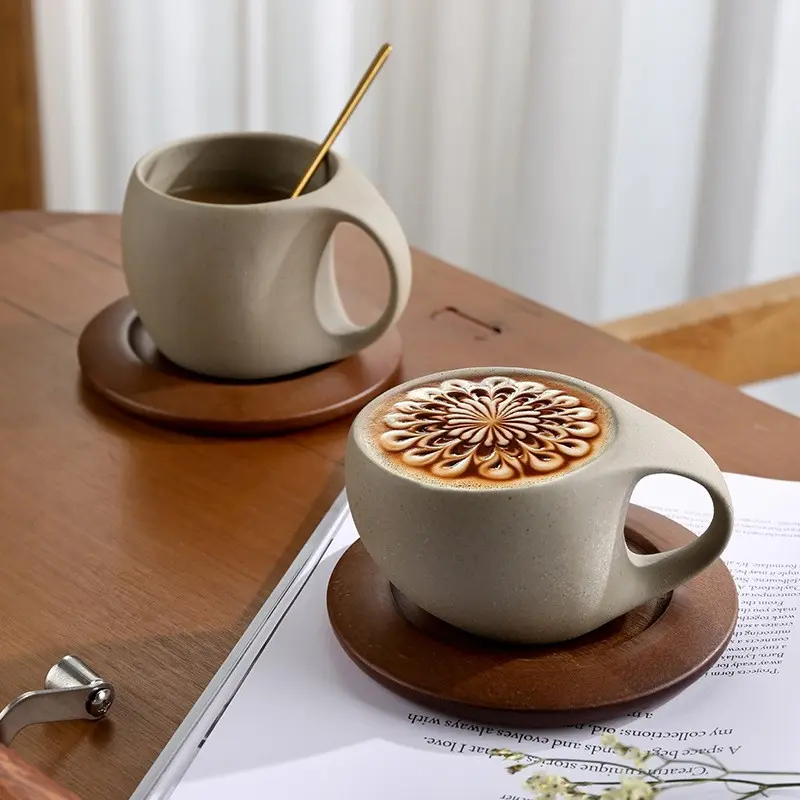 Aesthetic Vintage Hand-Thrown Ceramic Cup & Saucer Set, Ceramic Mugs, Wide-Mouth Food-Safe Heat-Resistant Drinkware, Reusable Dishwasher-Friendly for Hot Drinks & Afternoon Tea, Table Decor, Birthday & Holiday Gift for Home, Office, Cafe and Gatherings