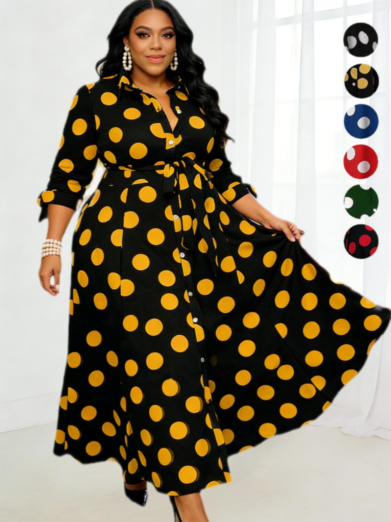 Plus Size Polka Dot Print Belted Button Front Shirt Dress, Elegant 3/4 Sleeve Tie Front High Waist Long Dress for Vacation Holiday Party, Women's Clothes for Summer Plus Size Polka Dot Print Belted Button Front Shirt Dress, Elegant 3/4 Sleeve Tie Front High Waist Long Dress for Vacation Holiday Party, Women's Clothes for Summer
