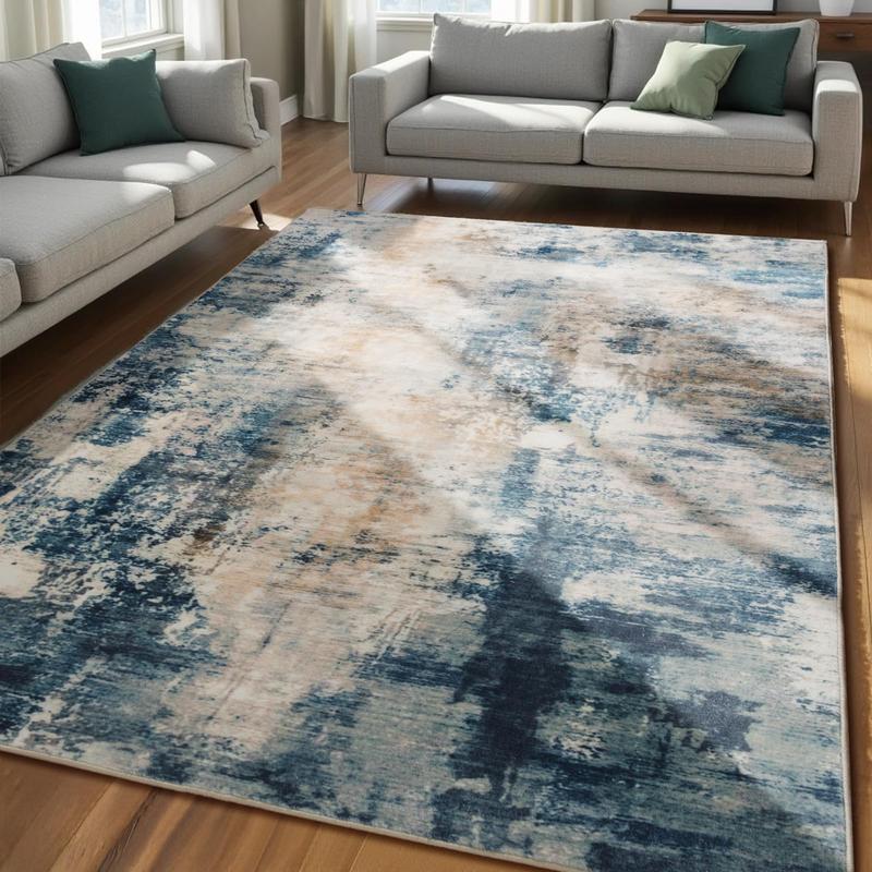 Abstract Faux Cashmere Area Rug, Washable Rug With Non-Slip Backing, Low Pile Area Rug Carpet For Living Room Bedroom Dining Room, Grey, Khaki, Blue, 4x6, 5x7, 6x9, 8x10, 9x12 Feet