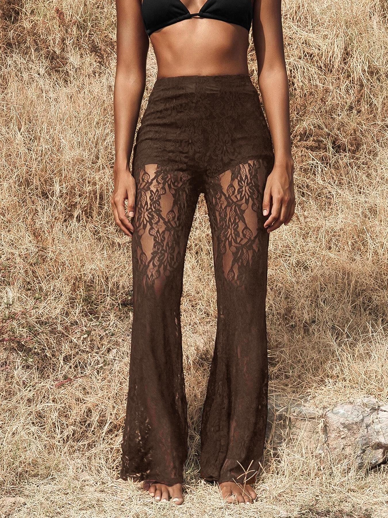 Women's High Waist Lace Knit Pants, Sexy Transparent Design, Flare Leg, Elegant Ladies' Fashion, Perfect for Daily Wear