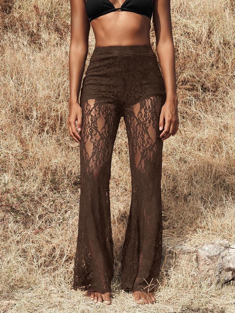 Valentine's Day Women's High Waist Lace Knit Pants, Sexy Transparent Design, Flare Leg, Elegant Ladies' Fashion, Perfect for Daily Wear