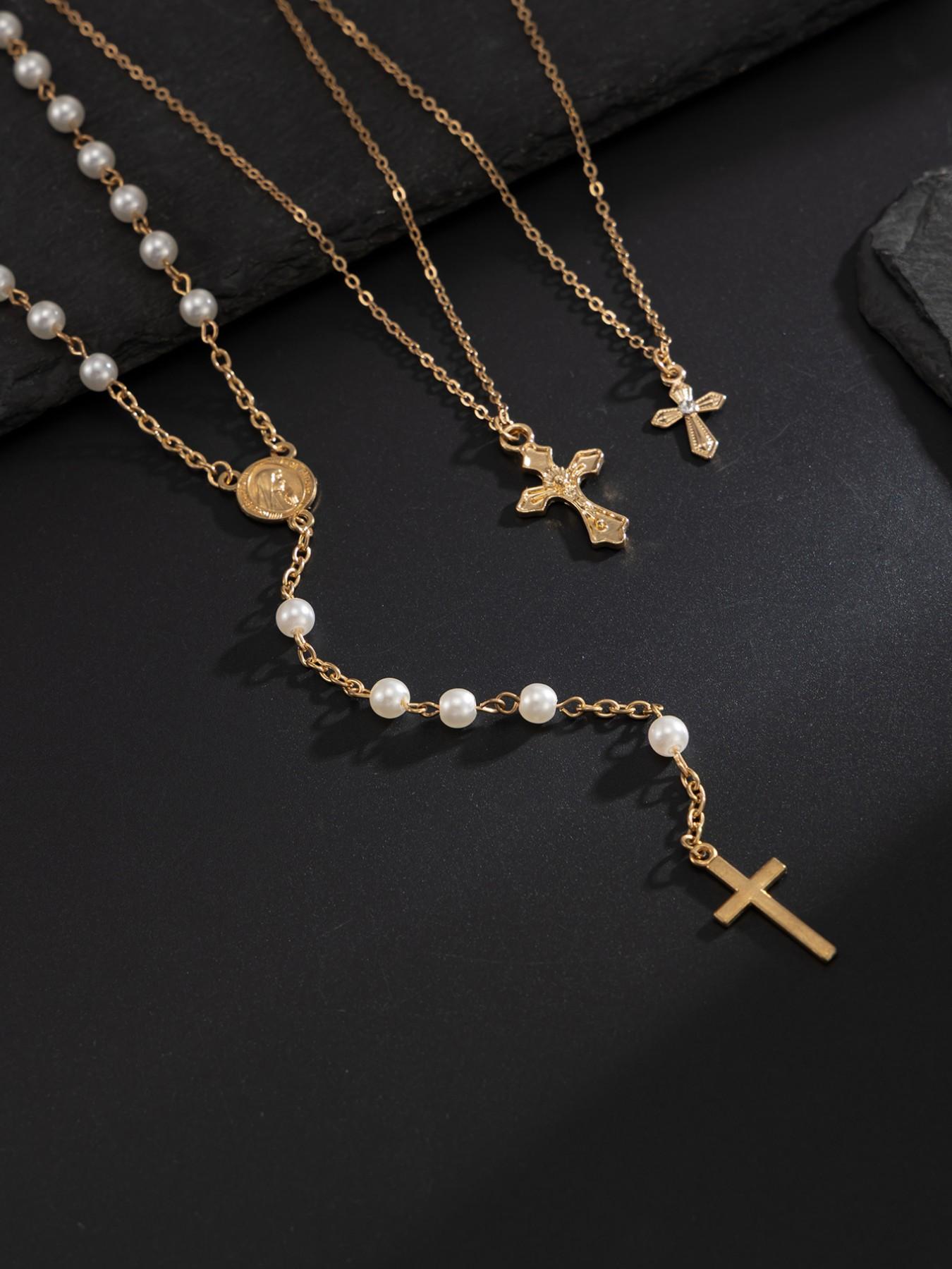 3-Piece Retro Punk Metal Cross Pendant Y-Chain Necklace Set, Men's Hip-Hop Fashion Artificial Pearl Beaded Multi-Layer Necklace