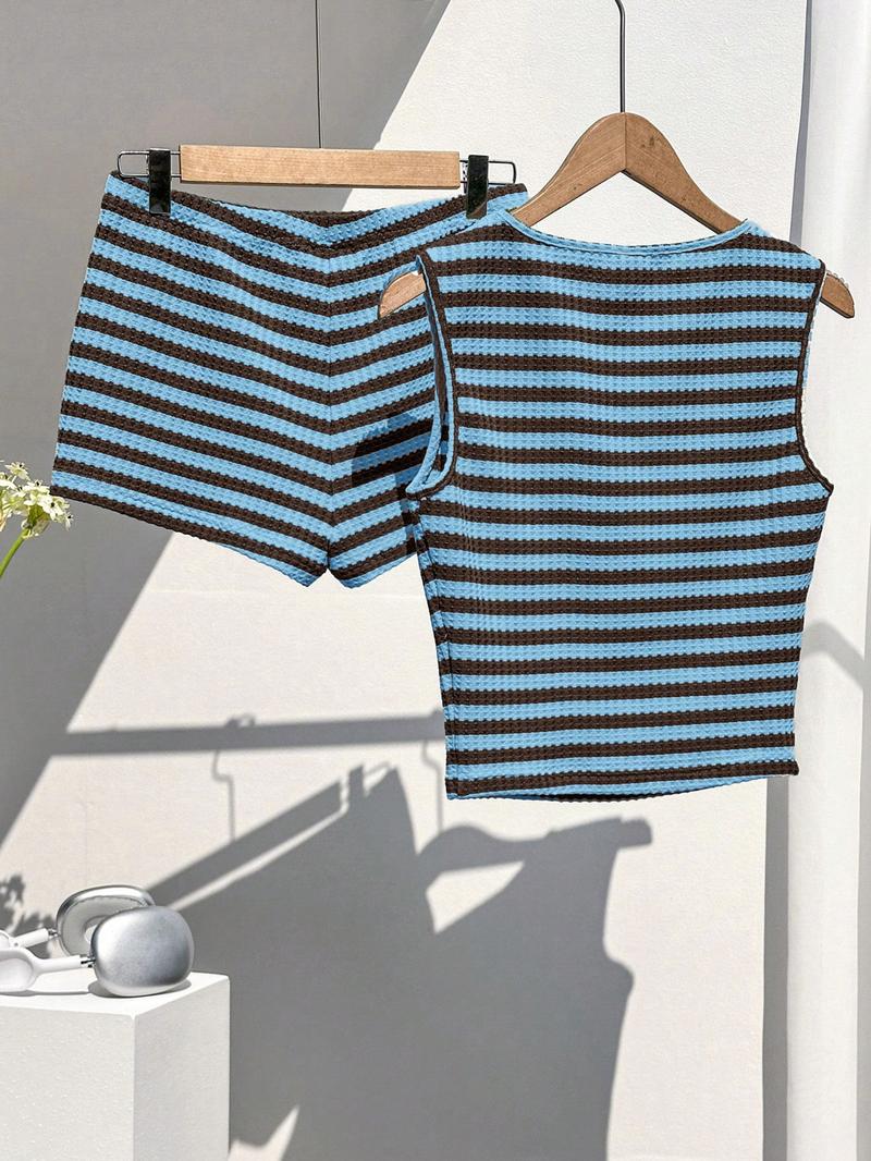 Two-piece Set Women's Striped Pattern  Tank Top & Shorts, Casual Sleeveless Round Neck Top & Shorts for Summer, Ladies Clothes for Daily Wear, Knitted Shorts Set