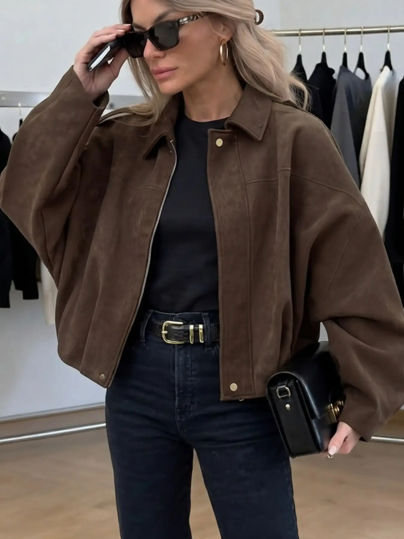 Vintage Short Jacket Women, Lapel Zipper Loose Drop Shoulder, American Retro Lapel Short Coat, Fall Loose Petite Jacket Top, Outerwear
