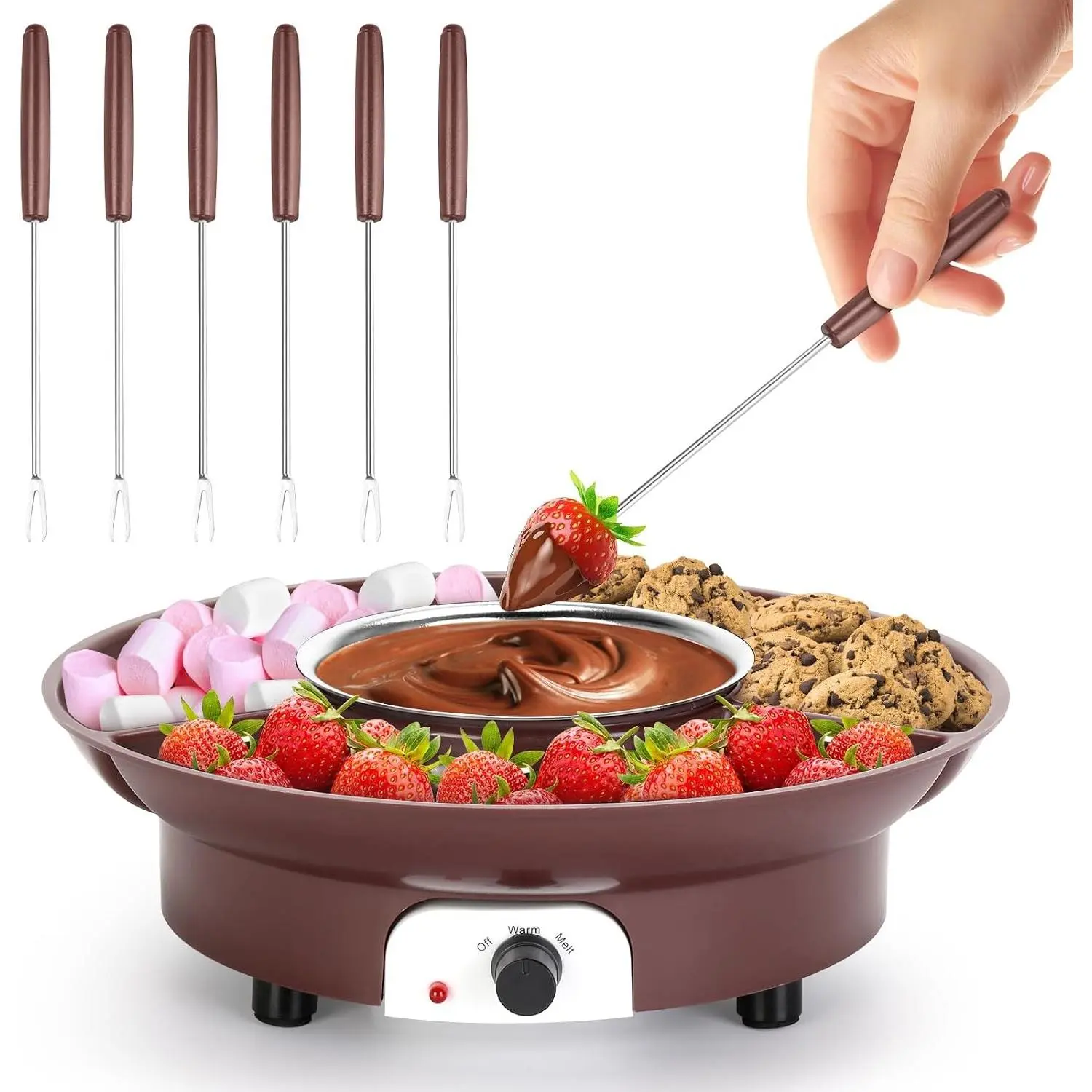 10oz Mini Electric Chocolate Melting Pot, Melting Fondue Set with 6PCS Forks, Cute Chocolate Fondue Fountain Warmer for Milk Chocolate, Cheese, Butter, Candy (Coffee)