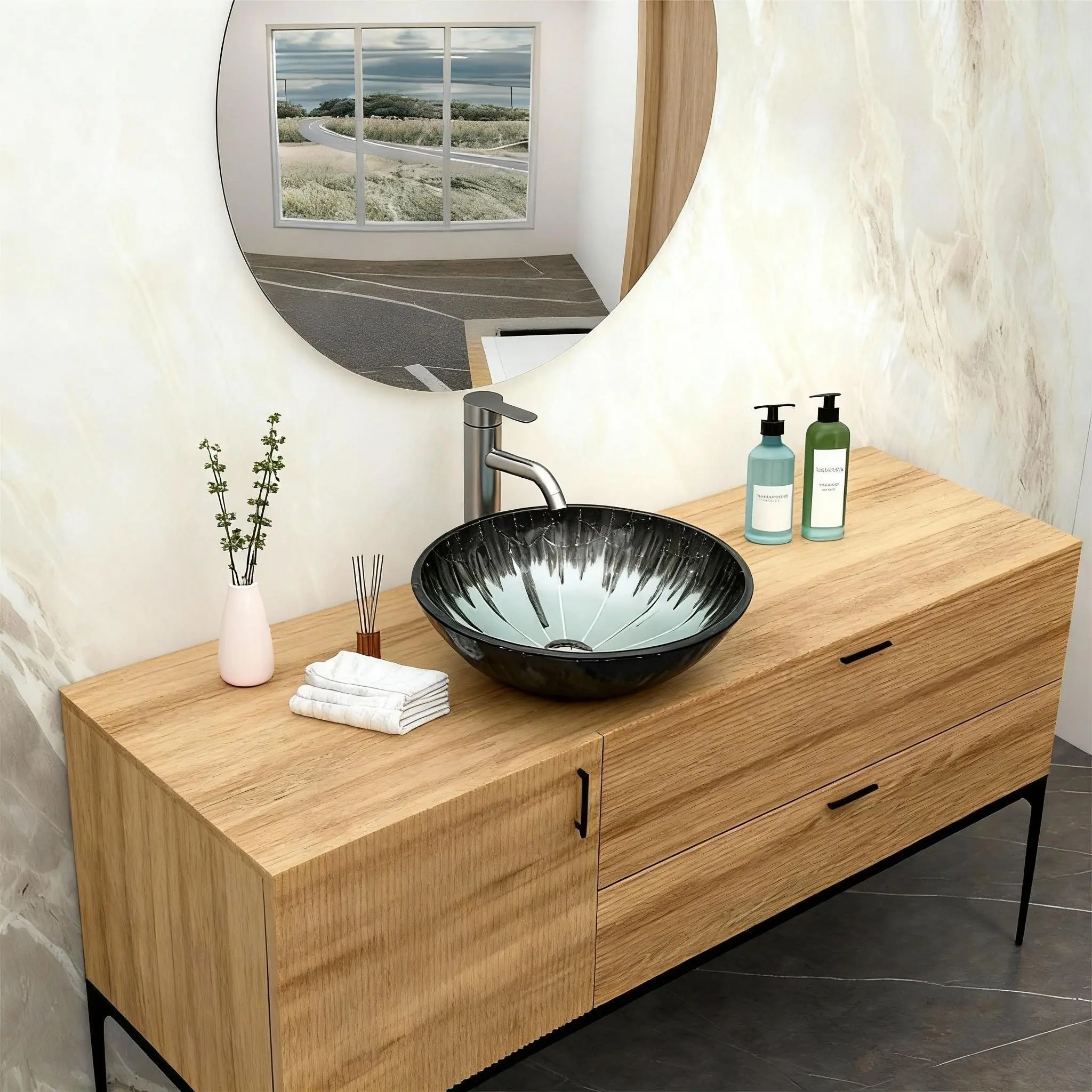 Nokaa Artistic Gray Crackle Tempered Glass Oval Vessel Bathroom Sink with Pop-Up Drain, Above-Counter Basin for Vanity, No Faucet Included, Single Bowl, Contemporary Design, Easy to Clean