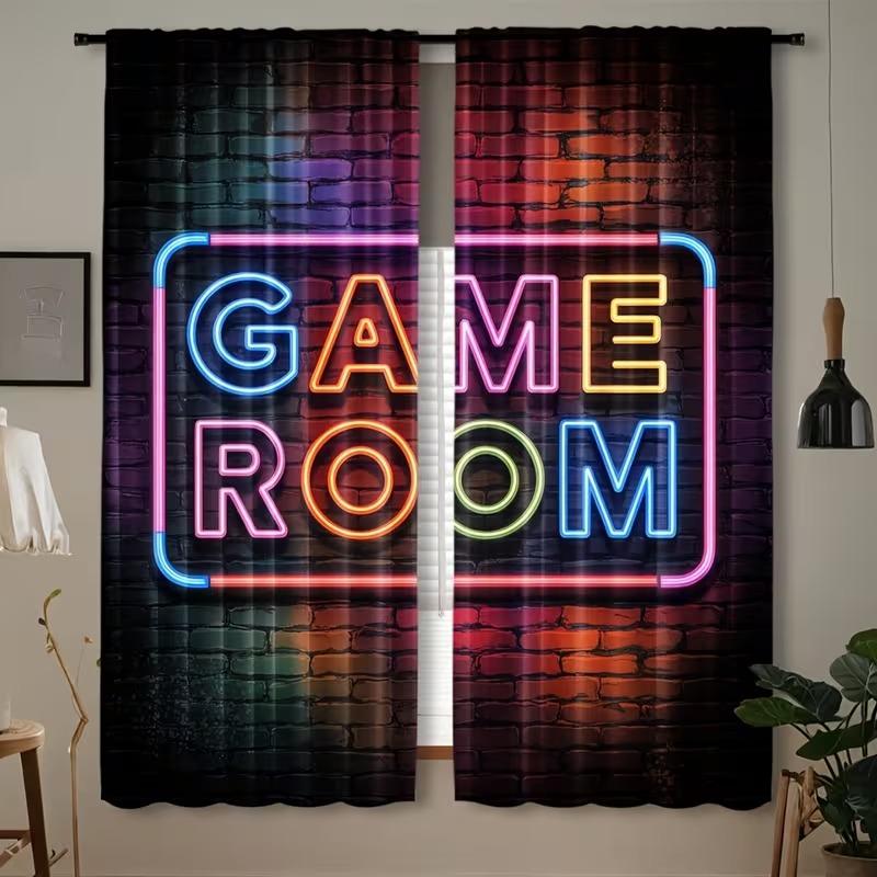 Modern Polyester Game Room Curtains, Semi-Transparent Rod Pocket Curtains, Roller Print Brick Wall Design, All Season Decor