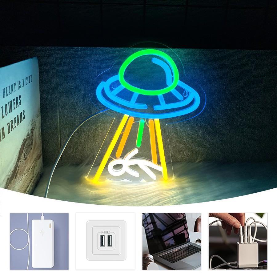 UFO Neon Sign, UFO Spaceship Space Travel Led Neon Light Night Lamp Astronomy fans Game Room Man Cave Party Bedroom Birthday Gift USB Powered