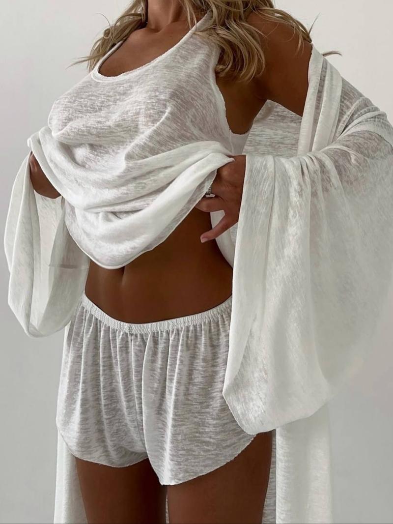 Women's Sheer Fabric Vest Jacket Shorts Set, Elegant Three-Piece, Loose-Fitting Design, Plain Pattern, Perfect for Casual Wear
