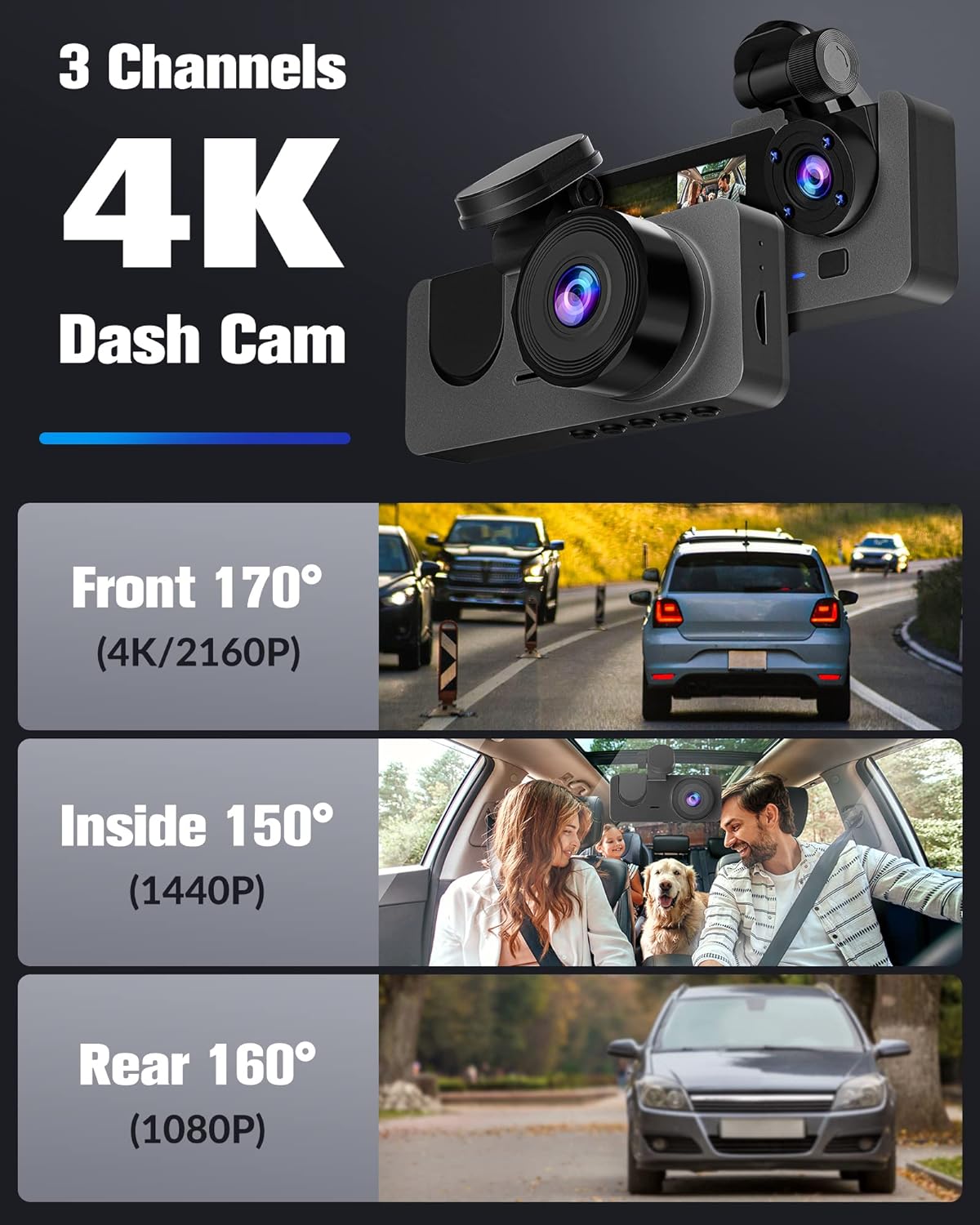 Dash Camera for Cars, 4K Full UHD Dash Cam Front and Rear Inside,Car Camera with Free 32GB SD Card,Built-in Super Night Vision, Loop Recording, WDR,G-Sensor,24 Hours Parking Monitor