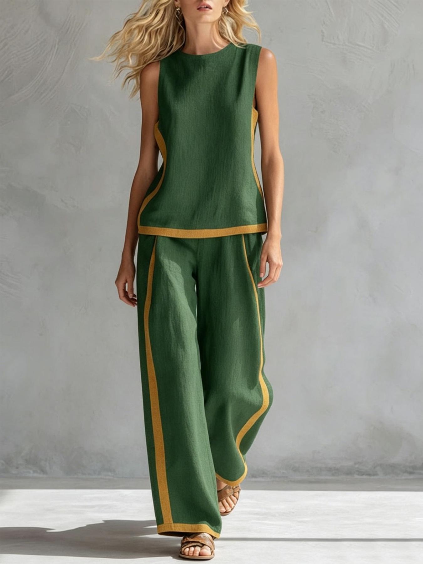 Women's Casual Loose color blocked sleeveless wide leg two-piece set, Colorblock casual set, with breathable surface suitable for commuting, daily wear. Multiple colors available
