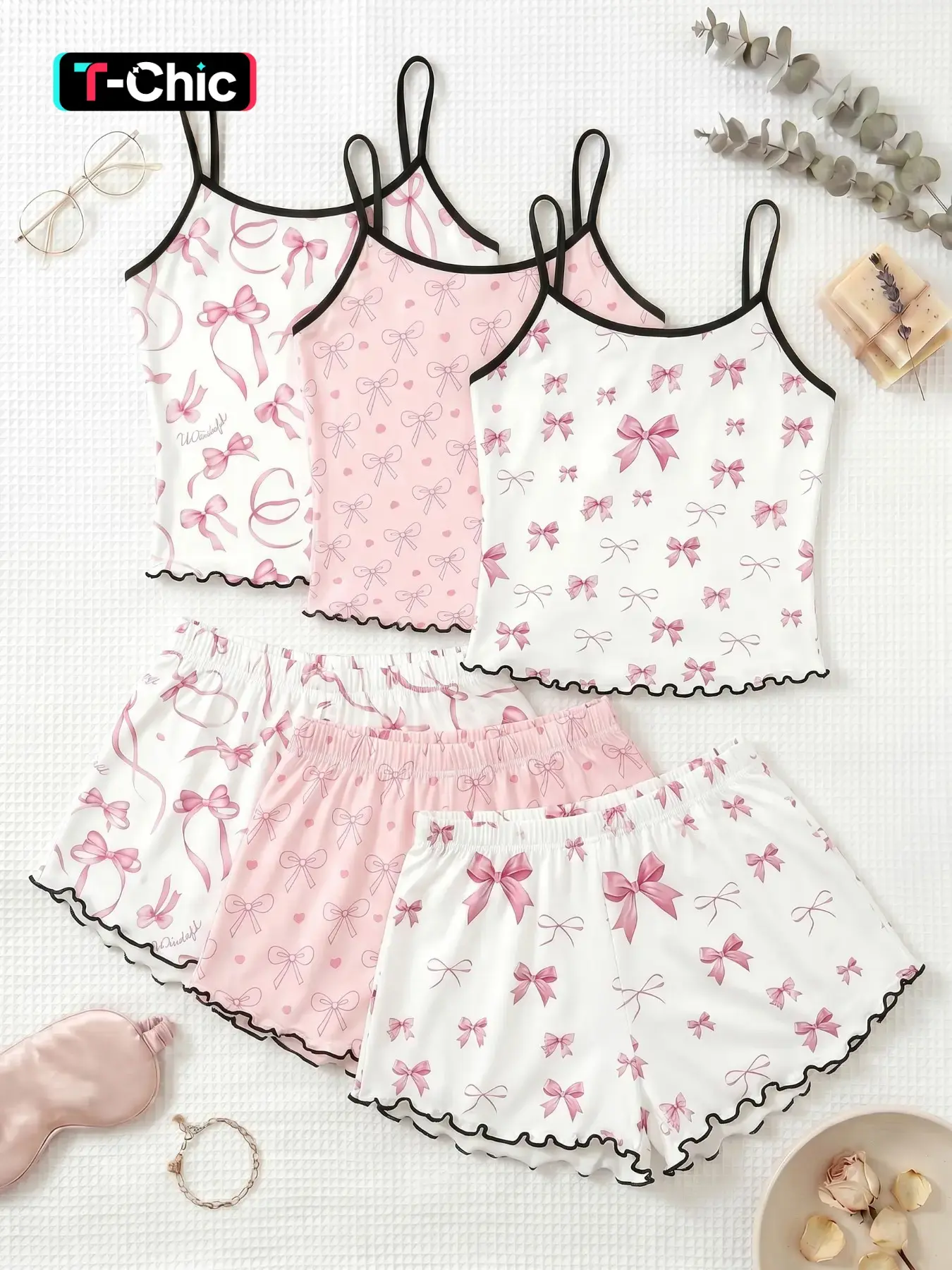 3-Piece Set Butterfly Knot Print Spaghetti Strap Tank Top Shorts Pajamas Loungewear, Trim Ruffle Design, Sweet Cool Girl Style, Breathable Home Sleepwear, Ruffled, Aesthetic
