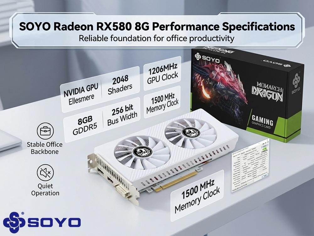 SOYO AMD Radeon RX580 Gaming Graphic Card with 8GB 256 Bit GDDR5 PCI Express x 16 3.0 Equipped with Dual Fans for Working,Gaming GPU, Dual Fan Cooling, Designed for Gaming, Work, and High-Performance Desktop PC Applications sohochic