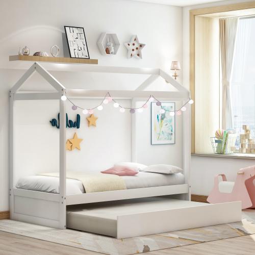 [Bellemave]House Bed with Trundle, can be Decorated,White(Old SKU:SM000103AAK)