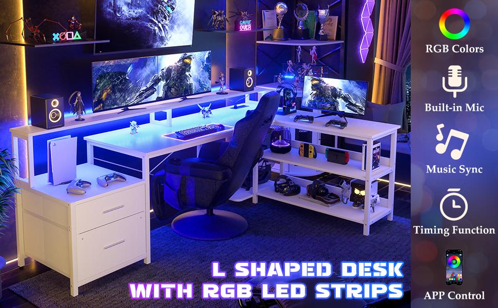 Cyclysio Reversible L Shaped Computer Desk with Fabric File Drawer & Monitor Stand, Home Office Desk Corner Desk with Power Outlet ＆ Storage Shelf, Gaming Desk with LED Strip