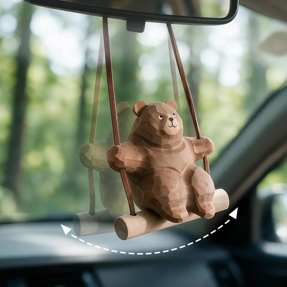Hand Carved Wooden Swing Bear Hanging Ornament Wall & Window Hanging Decor Bear Figurine Bear swing pendant Unique Gift for Birthday Christmas Holiday Present