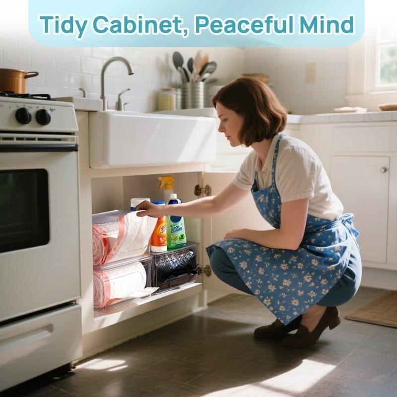 Transparent Storage Box, Stackable Trash Bag Dispenser, Plastic Trash Bag Rack for Kitchen Sink & Laundry Room, Multifunctional Storage Bin