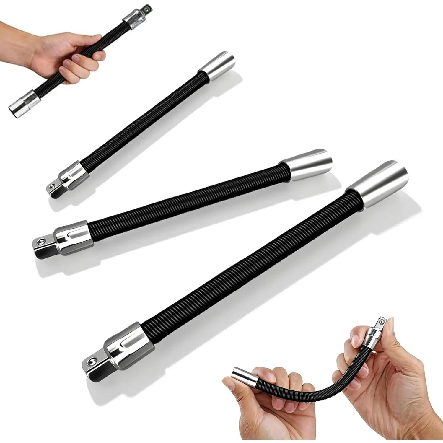 3- Flexible Socket Extension Set, 1/4", 3/8", 1/2" Shaft Drive, 45° Bend — 10", 8", 6" Lengths, Flexible Connecting Rod for Tight Spaces (black)